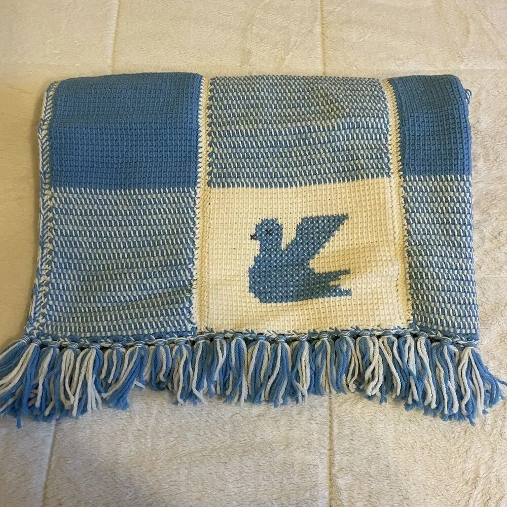 Handmade Crocheted Granny Square Bird Afghan Throw Lap Blanket Blue Cream 46x64”
